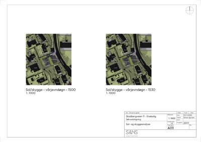 Fotografi av to sol- og skyggeanalyser (vårjevndøgn) for et byggeprosjekt, med stempel og tegningsnummer.