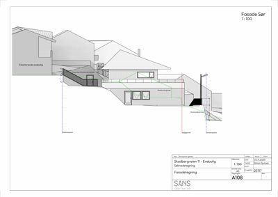 Fasadetegning som viser bygningens utseende sett fra sør, inkludert eksisterende og nye elementer.