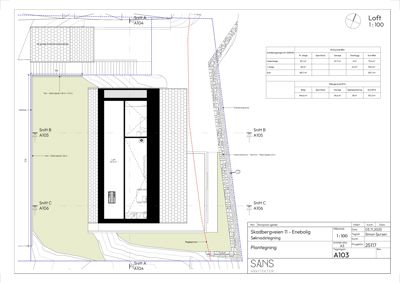 Snittegning (Snitt A-A104, B-B105, C-C106) av en bolig med oppriss av fasade og innvendig romfordeling.