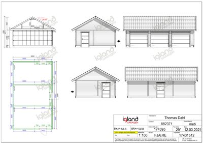 Plantegning som viser romfordeling og mål for en garasje, samt fasadeoppsett.