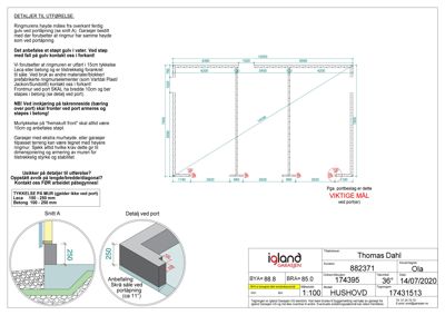 Tegning som viser detaljerte mål og konstruksjonsdetaljer for en ringmur, inkludert snitt (Snitt A) og detalj ved port.