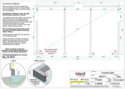 Tegning som viser detaljerte mål og konstruksjonsanvisninger for en portåpning, inkludert snitt (Snitt A) og anbefalinger for utførelse.