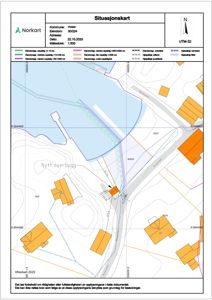 Situasjonskart som viser eiendomsforhold, naboeiendommer og topografi for et byggeprosjekt.