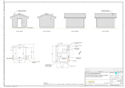 Fasadetegning med oppriss av bygningen sett fra fire sider (Sørøst, Nordvest, Nordøst og Sørvest), samt en snittegning som viser konstruksjonen.