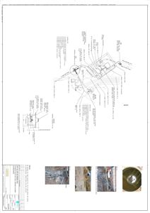 Tegning som viser detaljert konstruksjon av en betongplate med armering, samt tilhørende tekniske spesifikasjoner og fotografier av materialer.
