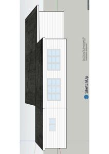 Tegning som viser fasadeopprikk av en bygning sett fra siden, med detaljer om vinduer og fasadematerialer.