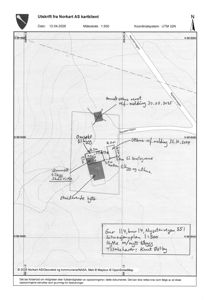 Situasjonsplan som viser tomtens beliggenhet, eksisterende bygninger, nye tiltak og avstander til nabogranser.