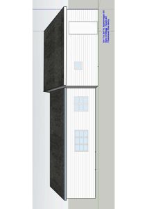 Fasadetegning som viser bygningens utseende fra siden, inkludert takform, vinduer og fasadematerialer.