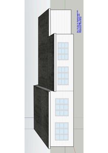 Fasadetegning som viser bygningens utseende sett fra vest, med detaljer om vinduer og fasadematerialer.