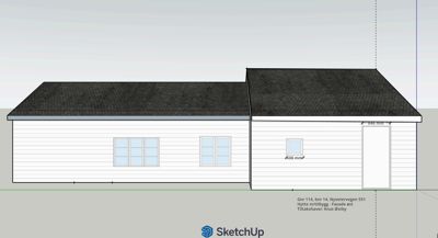 Fasadetegning som viser bygningens utseende fra fronten, inkludert takform, vinduer og dører.