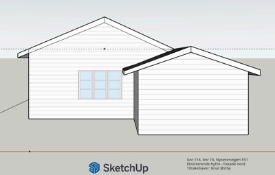 Fasadetegning (opprikk) av en eksisterende hytte sett fra nord.
