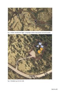 Bildet viser to kartutsnitt: øverst et flyfoto med eiendomsmerking, og nederst et detaljkart med bygningsplassering og gnr/bnr.