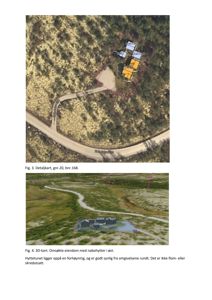 Bildet viser to kart: øverst et detaljkart (satellittbilde) med eiendomsgrenser og nederst et 3D-kart som viser eiendommen i forhold til nabolaget.