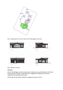 Bildet viser en situasjonsplan (Fig. 5) som illustrerer plassering av en ny hytte i forhold til eksisterende eller planlagte bygninger (uthus, anneks) på tomten. Under planen er det også vist fire fasadealternativer (Fig. 6) for den nye hytta.