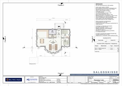 Etasjeplan (salgsskisse) som viser romfordeling, mål og areal for et hus.