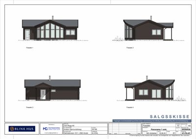 Fasadetegning som viser fire ulike vinkler (Fasade 1-4) på en bolig, inkludert takform, vindusoppsett og fasadematerialer.