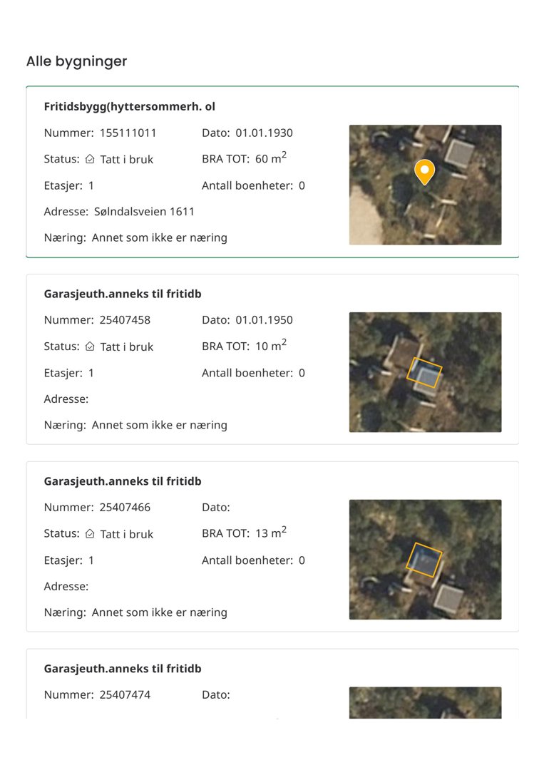 Satellittbilde (flyfoto) av eiendom med overlagte tegninger som viser bygningers plassering og areal.