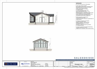 Fasadetegning (salgsskisse) som viser bygningens utseende fra to vinkler med mål og merknader.