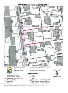 Forenklet situasjonskart som viser eiendomsgrenser, naboeiendommer, vannledninger og bygningsplassering for adressen Haakons gate 28.