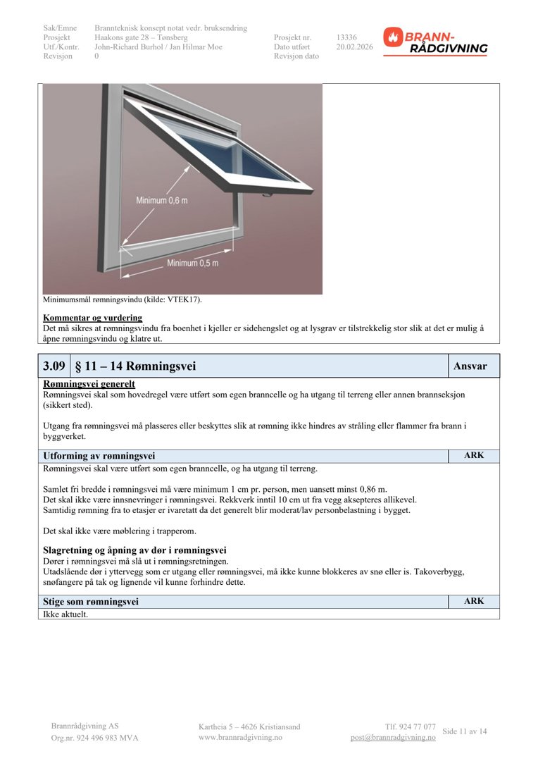 Fotografi av et romningsvindu med angitte minimumsmål (0,6 m og 0,5 m) for å illustrere krav til utforming.
