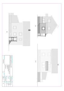 Fasadetegning som viser bygningens utseende fra to sider (Sør og Vest) med vinduer, tak og fasadepanel.