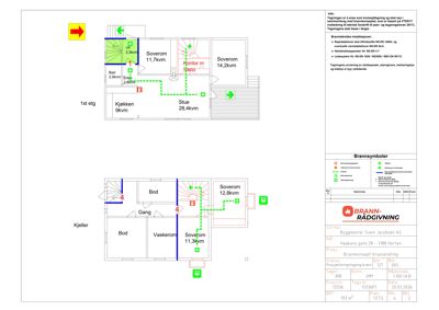 Plantegning som viser romfordeling og arealer for 1. etasje og kjeller i en bolig.