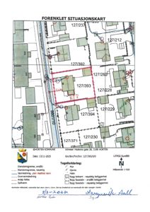 Forenklet situasjonskart som viser eiendomsgranser, bygningers plassering, vannledninger og spillvann for adressen Haakons gate 28 i Horten.