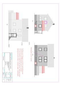 Fasadetegning som viser bygningens utseende fra flere vinkler (vest, syd, øst, nord) med angitte mål og konstruksjonsdetaljer.