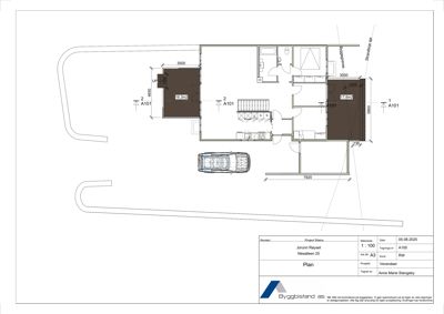 Etasjeplan (1. etasje) som viser romfordeling, dimensjoner og plassering av biloppstellingsplass.