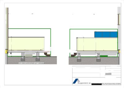 Snittegning som viser tverrsnitt gjennom verandaer (Nord og Sør) med detaljer om fundament, murer og terrasselag.