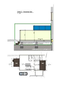 Bildet viser en snittegning (Snitt 2 - Veranda Sør) som illustrerer bygningens tverrsnitt, fundament og høyder, samt en tilhørende etasjeplan med romfordeling og dimensjoner.