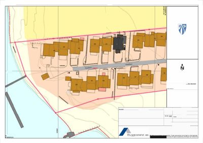 Situasjonskart som viser tomtens beliggenhet, naboeiendommer, veier og bygningers plassering.
