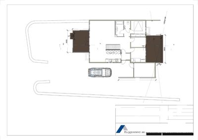 Etasjeplan (1. etasje) som viser romfordeling, dimensjoner og plassering av biloppstellingsplass.
