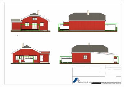 Fasadetegning som viser bygningens utseende fra alle fire sider (Nord, Vest, Sør, Øst) med mål 1:100.