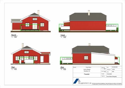 Fasadetegning som viser bygningens utseende fra alle fire sider (Nord, Vest, Sør, Øst) med mål 1:100.