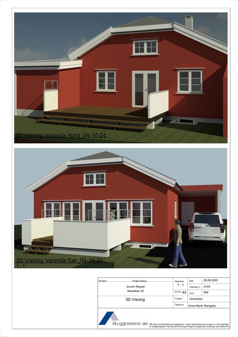 Bildet viser to 3D-visualiseringer (renderinger) av en planlagt veranda på en rød villa. Det er også inkludert et tegningshode med prosjektinformasjon.