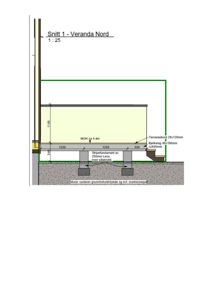 Snittegning av veranda (Veranda Nord) som viser fundament, bjelkelag og terrassebord med mål.