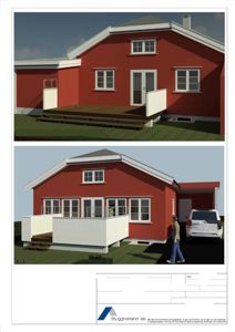 Bildet viser to 3D-visualiseringer (renderinger) av en planlagt veranda på en rød villa. Det er også inkludert et tegningshode med prosjektinformasjon.