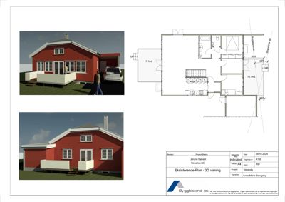 Bildet viser en 3D-visualisering (rendering) av en rød villa sett fra siden, med en bil og personer i forgrunnen. Det er også en tilsvarende visning fra en annen vinkel. Til høyre er det en eksisterende plan (etasjeplan) for bygningen. Nederst til høyre er det en tegningsblokk med informasjon om prosjektet.