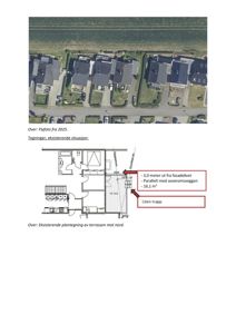 Bildet viser en flyfoto (over) og en eksisterende plantegning (under) av en terrasse mot nord.