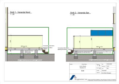 Snittegning som viser tverrsnitt gjennom verandaer (Nord og Sør) med detaljer om fundament, murer og terrasselag.