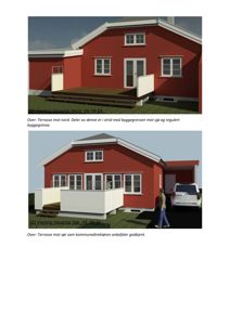 3D-visualiseringer (renderinger) av en rød villa sett fra to ulike vinkler (mot nord og mot sør), inkludert en bil og en person.