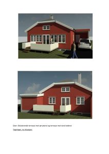3D-visualiseringer av en rød enebolig med terrasse og biloppstilling