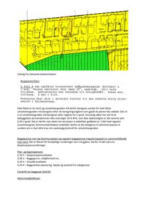 Et utdrag fra en situasjonsplan eller reguleringsplan som viser et felt med bebyggelse (hus) og en grønn soner (muligens park eller friareal). Bildet inneholder også en tekstutdrag med byggeområdebestemmelser.