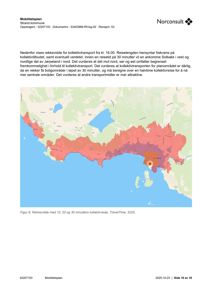 Kart som viser rekkevidde for kollektivtransport (TraveTime) i et geografisk område, med fargekodet avstand fra et sentrum.