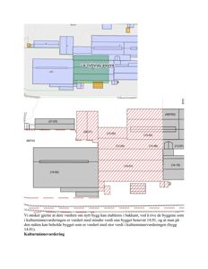 Situasjonsplan som viser tomtens beliggenhet, eksisterende bygninger (grå), et planlagt nytt bygg (grønt) og en snittlinje (rød prikket linje) som indikerer en snittegning.