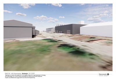 3D-visualisering (rendering) av et nytt byggprosjekt sett fra utsiden, inkludert omgivelser og terreng.