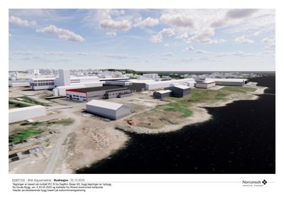 3D-visualisering (rendering) av et nytt byggprosjekt ved kysten, inkludert omgivelsene og eksisterende bygninger.