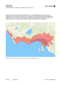 Et kart som viser rekkevidde for kollektivtransport (TraveTime) i et område, inkludert kystlinje og kommunegrenser.