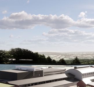 3D-visualisering av en bygning sett fra utsiden med omgivende natur og himmel.